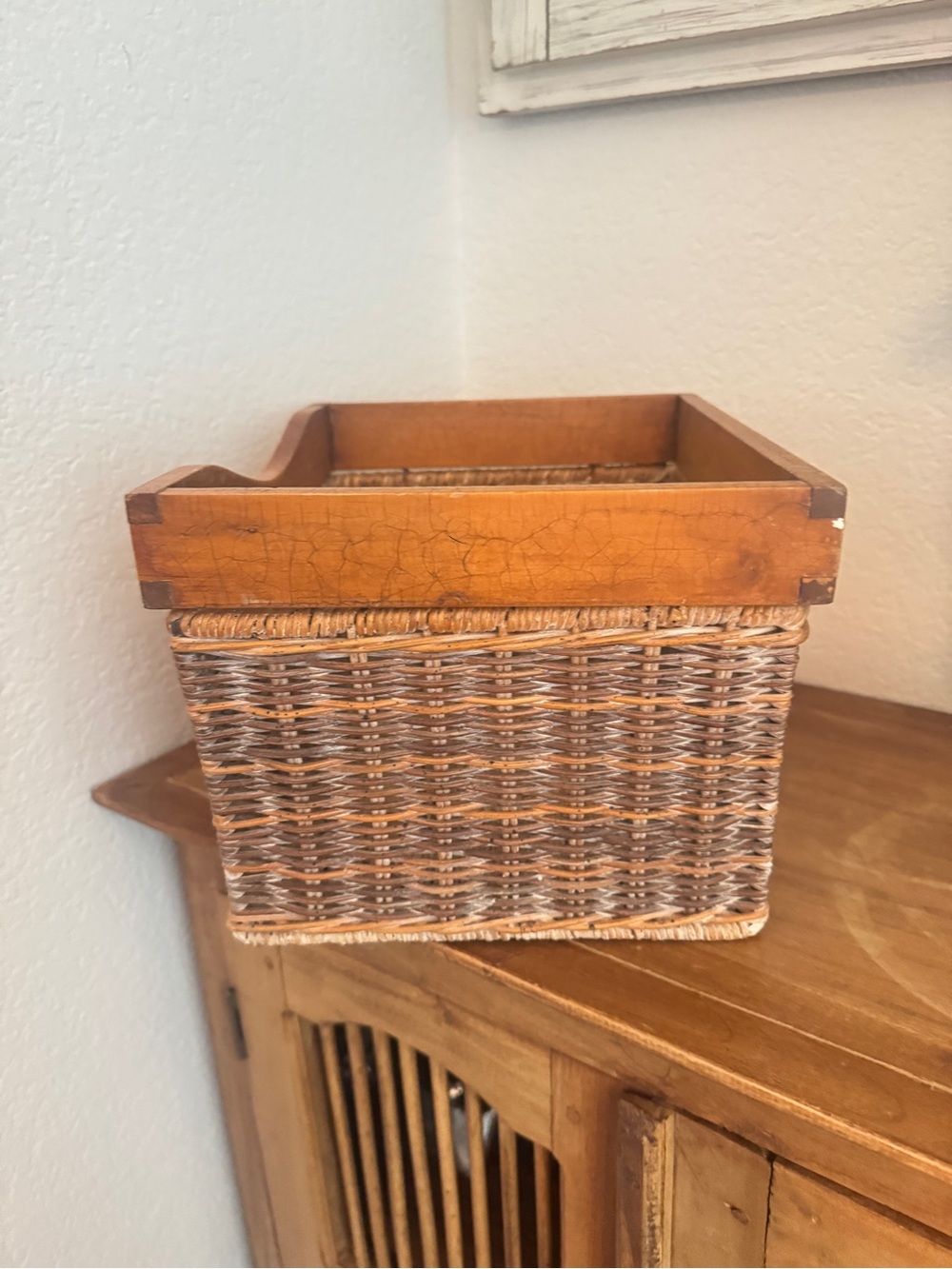 Rustic Woven Basket with Wooden Frame 11"x9"x7.5" Vintage Charm for Home - Picture 9 of 14